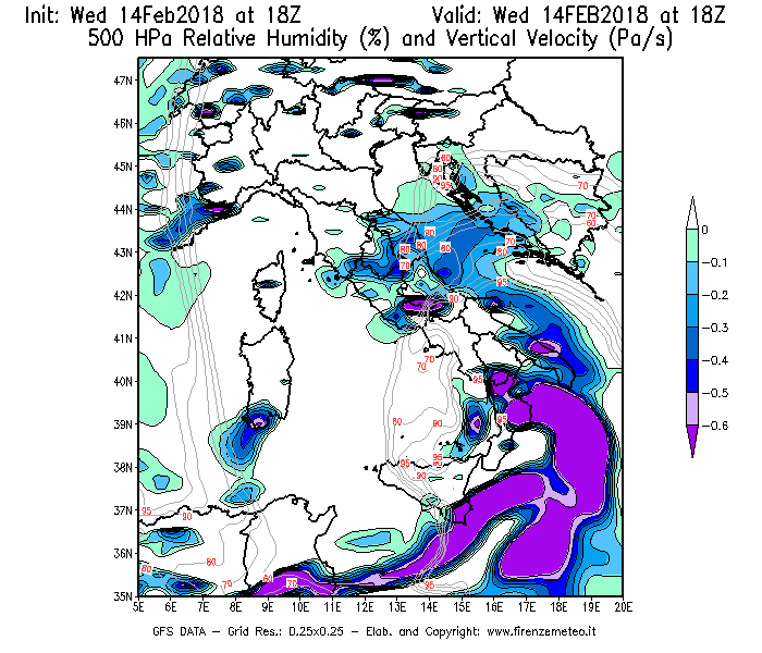 Mappa di analisi GFS - Umidità relativa [%] e Omega [Pa/s] a 500 hPa in Italia
									del 14/02/2018 18 <!--googleoff: index-->UTC<!--googleon: index-->