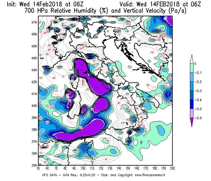 Mappa di analisi GFS - Umidità relativa [%] e Omega [Pa/s] a 700 hPa in Italia
									del 14/02/2018 06 <!--googleoff: index-->UTC<!--googleon: index-->