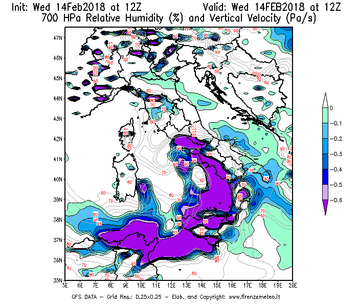 Mappa di analisi GFS - Umidità relativa [%] e Omega [Pa/s] a 700 hPa in Italia
									del 14/02/2018 12 <!--googleoff: index-->UTC<!--googleon: index-->