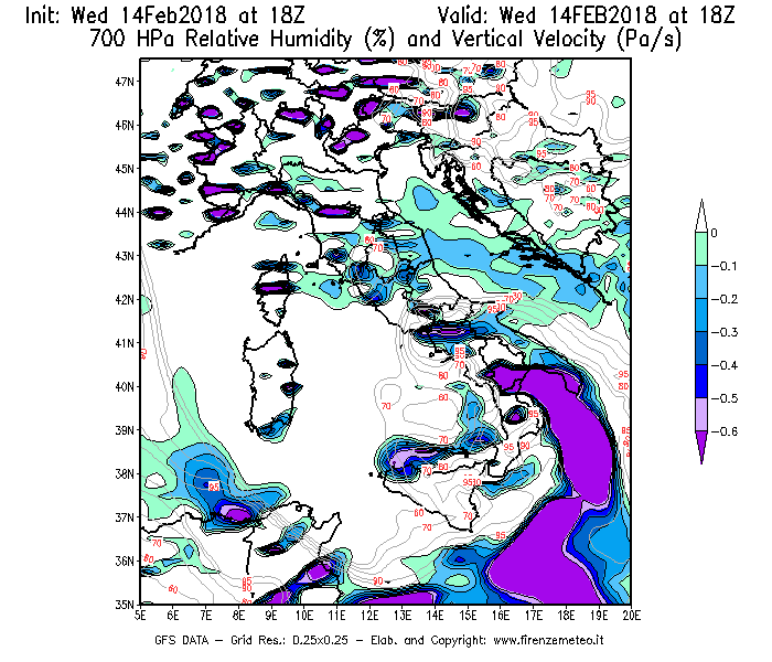 Mappa di analisi GFS - Umidità relativa [%] e Omega [Pa/s] a 700 hPa in Italia
									del 14/02/2018 18 <!--googleoff: index-->UTC<!--googleon: index-->