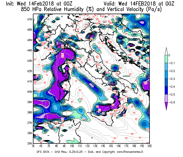 Mappa di analisi GFS - Umidità relativa [%] e Omega [Pa/s] a 850 hPa in Italia
									del 14/02/2018 00 <!--googleoff: index-->UTC<!--googleon: index-->