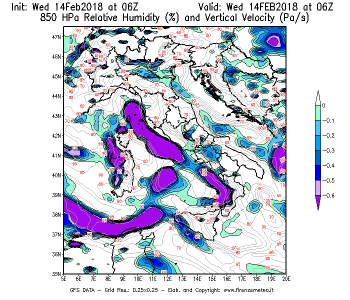Mappa di analisi GFS - Umidità relativa [%] e Omega [Pa/s] a 850 hPa in Italia
									del 14/02/2018 06 <!--googleoff: index-->UTC<!--googleon: index-->