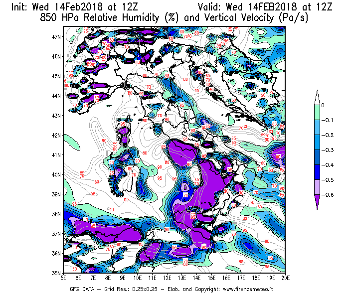 Mappa di analisi GFS - Umidità relativa [%] e Omega [Pa/s] a 850 hPa in Italia
									del 14/02/2018 12 <!--googleoff: index-->UTC<!--googleon: index-->