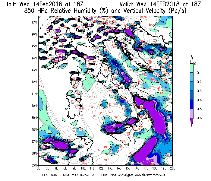 Mappa di analisi GFS - Umidità relativa [%] e Omega [Pa/s] a 850 hPa in Italia
									del 14/02/2018 18 <!--googleoff: index-->UTC<!--googleon: index-->