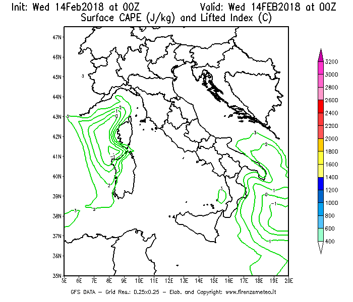 Mappa di analisi GFS - CAPE [J/kg] e Lifted Index [°C] in Italia
									del 14/02/2018 00 <!--googleoff: index-->UTC<!--googleon: index-->