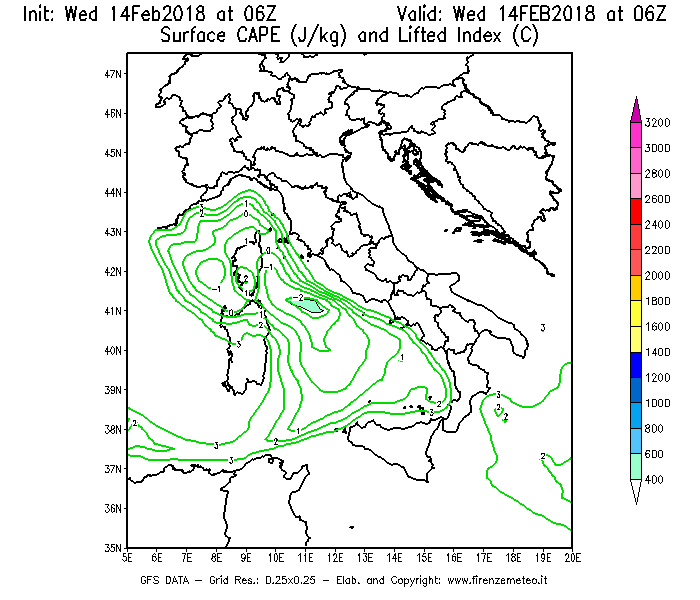 Mappa di analisi GFS - CAPE [J/kg] e Lifted Index [°C] in Italia
									del 14/02/2018 06 <!--googleoff: index-->UTC<!--googleon: index-->