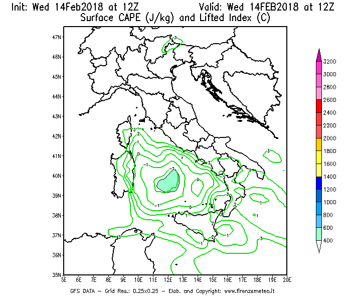 Mappa di analisi GFS - CAPE [J/kg] e Lifted Index [°C] in Italia
									del 14/02/2018 12 <!--googleoff: index-->UTC<!--googleon: index-->
