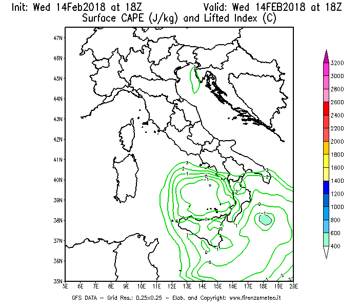 Mappa di analisi GFS - CAPE [J/kg] e Lifted Index [°C] in Italia
									del 14/02/2018 18 <!--googleoff: index-->UTC<!--googleon: index-->