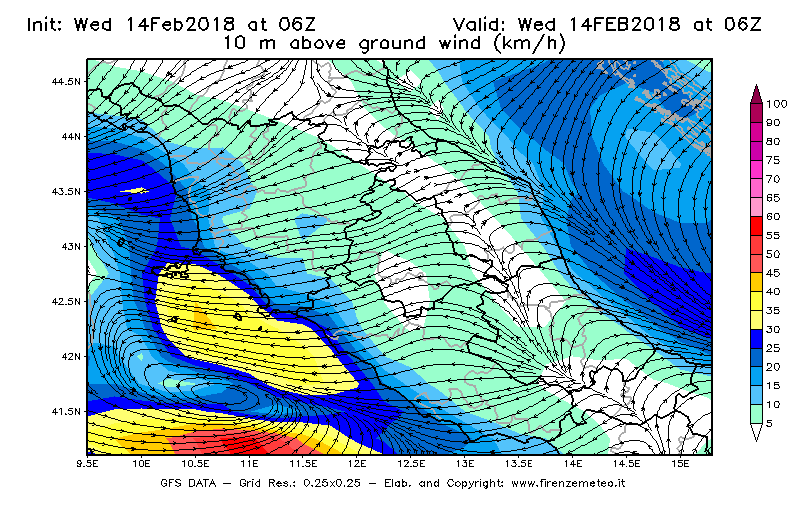 Mappa di analisi GFS - Velocità del vento a 10 metri dal suolo [km/h] in Centro-Italia
									del 14/02/2018 06 <!--googleoff: index-->UTC<!--googleon: index-->