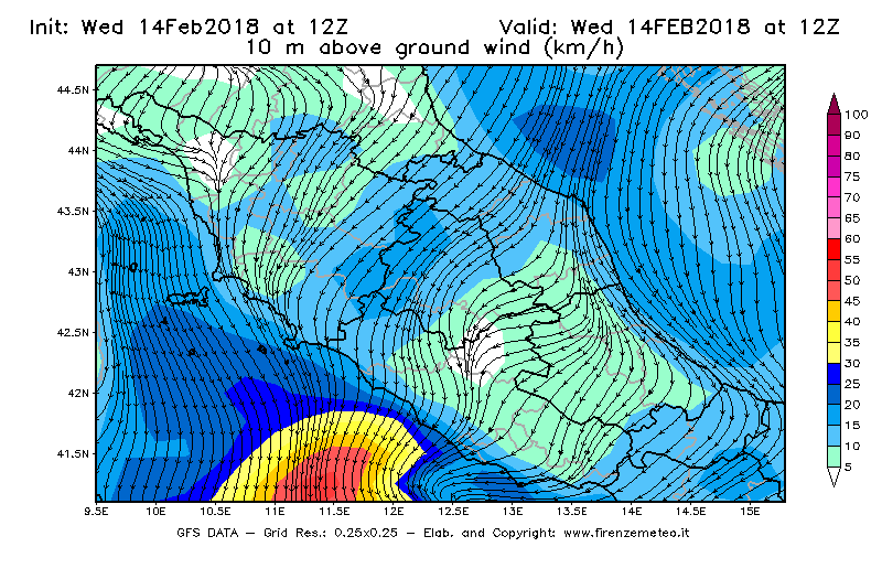 Mappa di analisi GFS - Velocità del vento a 10 metri dal suolo [km/h] in Centro-Italia
									del 14/02/2018 12 <!--googleoff: index-->UTC<!--googleon: index-->