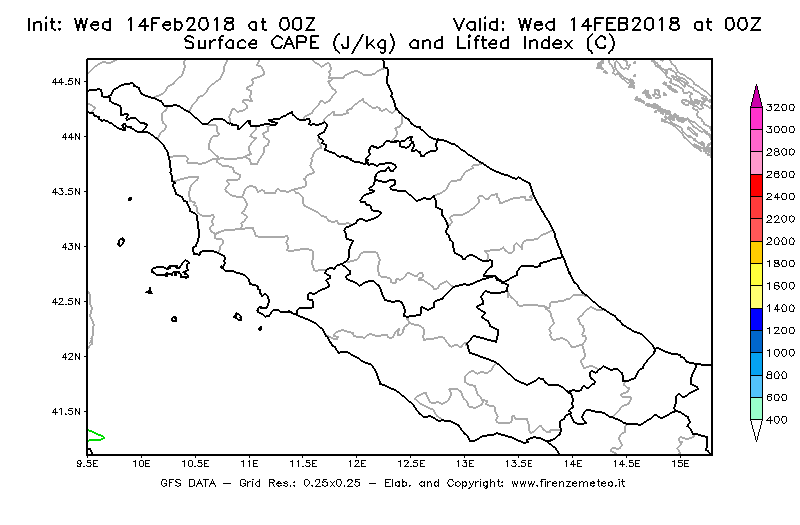 Mappa di analisi GFS - CAPE [J/kg] e Lifted Index [°C] in Centro-Italia
									del 14/02/2018 00 <!--googleoff: index-->UTC<!--googleon: index-->