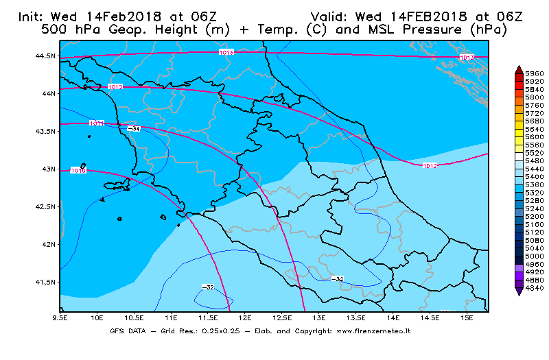 Mappa di analisi GFS - Geopotenziale [m] + Temp. [°C] a 500 hPa + Press. a livello del mare [hPa] in Centro-Italia
									del 14/02/2018 06 <!--googleoff: index-->UTC<!--googleon: index-->