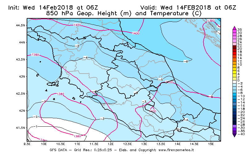 Mappa di analisi GFS - Geopotenziale [m] e Temperatura [°C] a 850 hPa in Centro-Italia
									del 14/02/2018 06 <!--googleoff: index-->UTC<!--googleon: index-->