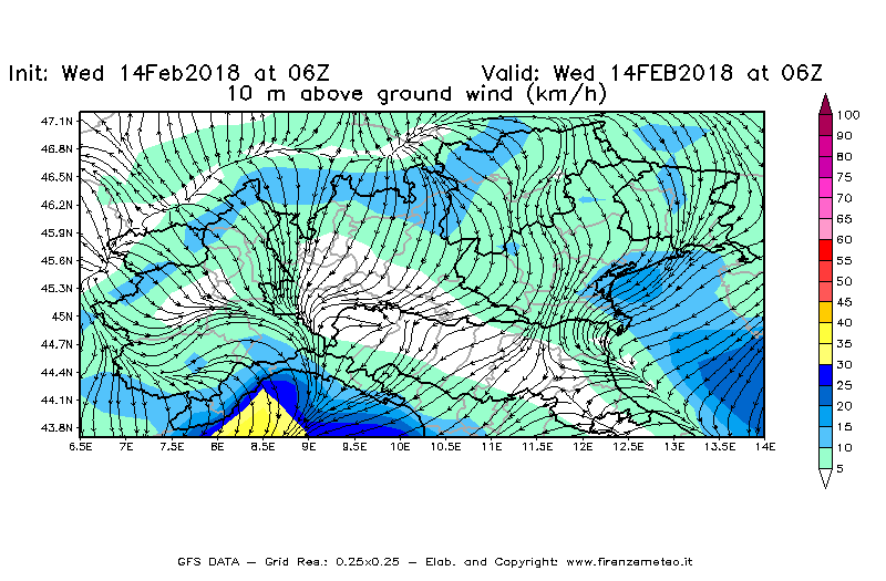 Mappa di analisi GFS - Velocità del vento a 10 metri dal suolo [km/h] in Nord-Italia
									del 14/02/2018 06 <!--googleoff: index-->UTC<!--googleon: index-->