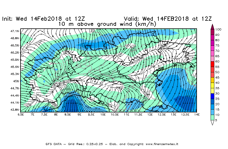 Mappa di analisi GFS - Velocità del vento a 10 metri dal suolo [km/h] in Nord-Italia
									del 14/02/2018 12 <!--googleoff: index-->UTC<!--googleon: index-->