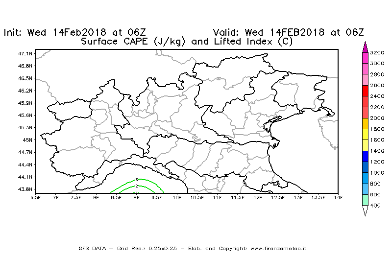 Mappa di analisi GFS - CAPE [J/kg] e Lifted Index [°C] in Nord-Italia
									del 14/02/2018 06 <!--googleoff: index-->UTC<!--googleon: index-->