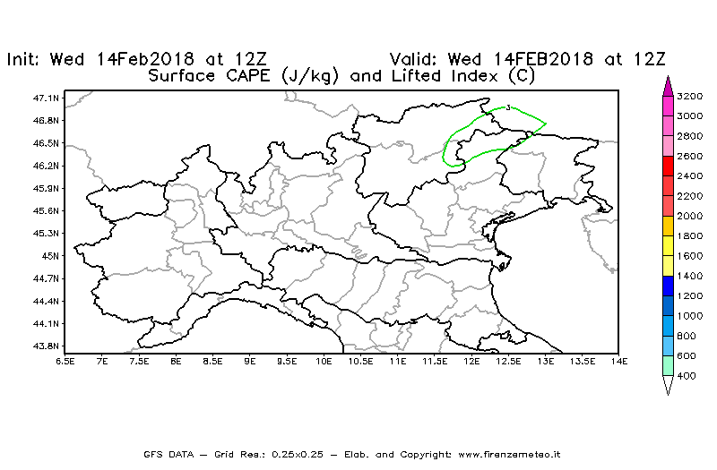 Mappa di analisi GFS - CAPE [J/kg] e Lifted Index [°C] in Nord-Italia
									del 14/02/2018 12 <!--googleoff: index-->UTC<!--googleon: index-->