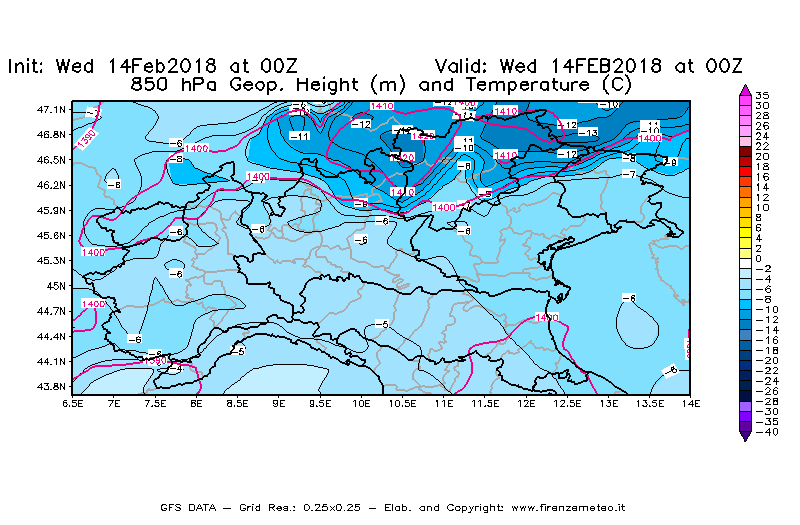 Mappa di analisi GFS - Geopotenziale [m] e Temperatura [°C] a 850 hPa in Nord-Italia
									del 14/02/2018 00 <!--googleoff: index-->UTC<!--googleon: index-->