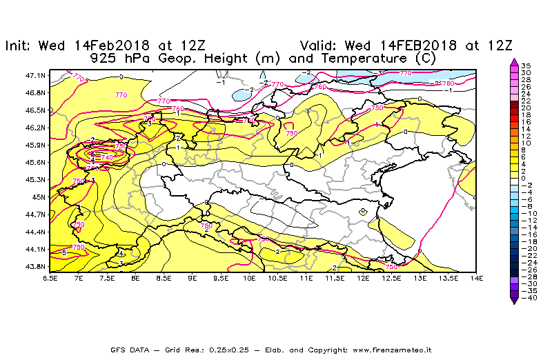 Mappa di analisi GFS - Geopotenziale [m] e Temperatura [°C] a 925 hPa in Nord-Italia
									del 14/02/2018 12 <!--googleoff: index-->UTC<!--googleon: index-->