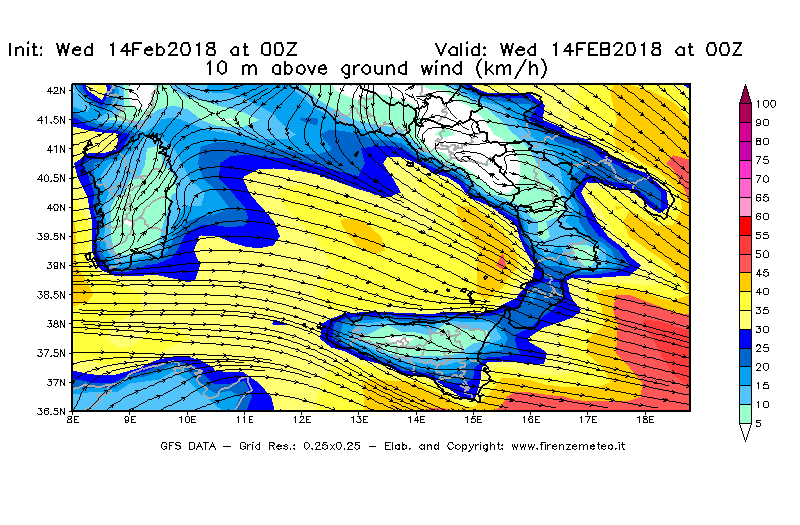 Mappa di analisi GFS - Velocità del vento a 10 metri dal suolo [km/h] in Sud-Italia
									del 14/02/2018 00 <!--googleoff: index-->UTC<!--googleon: index-->