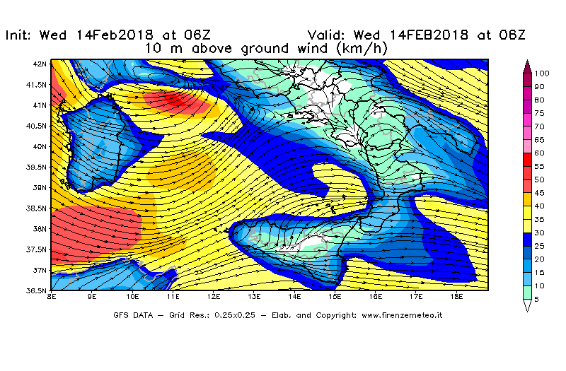 Mappa di analisi GFS - Velocità del vento a 10 metri dal suolo [km/h] in Sud-Italia
									del 14/02/2018 06 <!--googleoff: index-->UTC<!--googleon: index-->