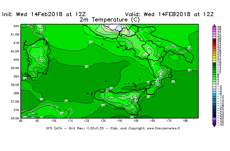 Mappa di analisi GFS - Temperatura a 2 metri dal suolo [°C] in Sud-Italia
									del 14/02/2018 12 <!--googleoff: index-->UTC<!--googleon: index-->