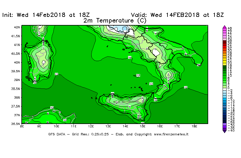 Mappa di analisi GFS - Temperatura a 2 metri dal suolo [°C] in Sud-Italia
									del 14/02/2018 18 <!--googleoff: index-->UTC<!--googleon: index-->