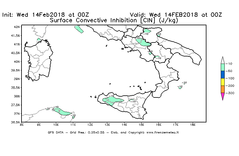 Mappa di analisi GFS - CIN [J/kg] in Sud-Italia
									del 14/02/2018 00 <!--googleoff: index-->UTC<!--googleon: index-->