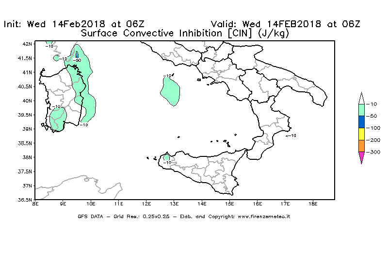 Mappa di analisi GFS - CIN [J/kg] in Sud-Italia
									del 14/02/2018 06 <!--googleoff: index-->UTC<!--googleon: index-->