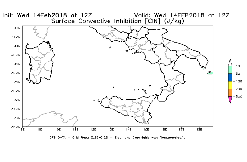 Mappa di analisi GFS - CIN [J/kg] in Sud-Italia
									del 14/02/2018 12 <!--googleoff: index-->UTC<!--googleon: index-->