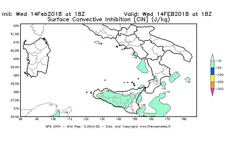 Mappa di analisi GFS - CIN [J/kg] in Sud-Italia
									del 14/02/2018 18 <!--googleoff: index-->UTC<!--googleon: index-->