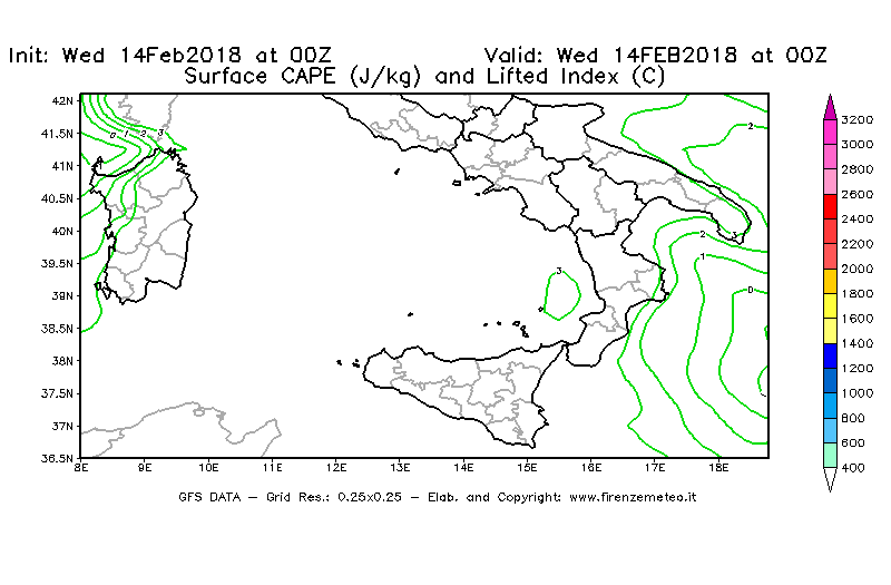 Mappa di analisi GFS - CAPE [J/kg] e Lifted Index [°C] in Sud-Italia
									del 14/02/2018 00 <!--googleoff: index-->UTC<!--googleon: index-->