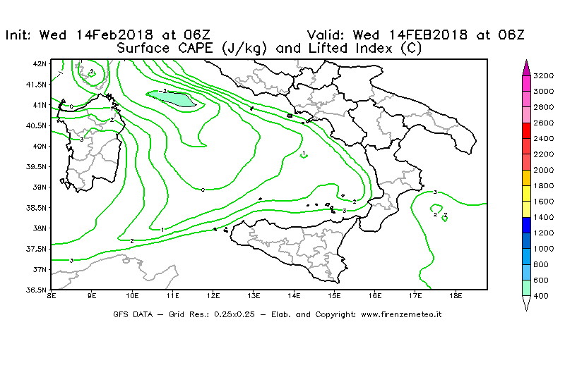 Mappa di analisi GFS - CAPE [J/kg] e Lifted Index [°C] in Sud-Italia
									del 14/02/2018 06 <!--googleoff: index-->UTC<!--googleon: index-->