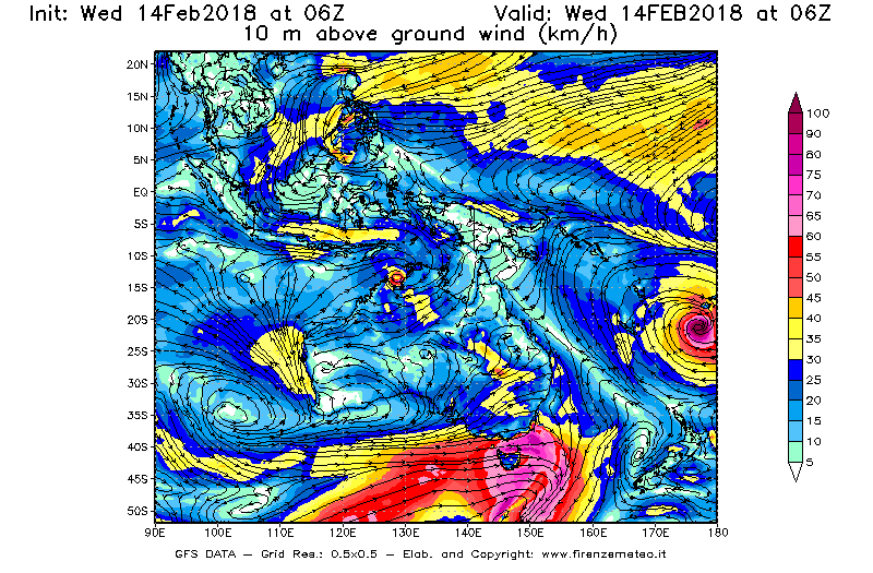 Mappa di analisi GFS - Velocità del vento a 10 metri dal suolo [km/h] in Oceania
									del 14/02/2018 06 <!--googleoff: index-->UTC<!--googleon: index-->
