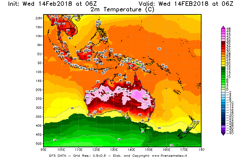 Mappa di analisi GFS - Temperatura a 2 metri dal suolo [°C] in Oceania
									del 14/02/2018 06 <!--googleoff: index-->UTC<!--googleon: index-->