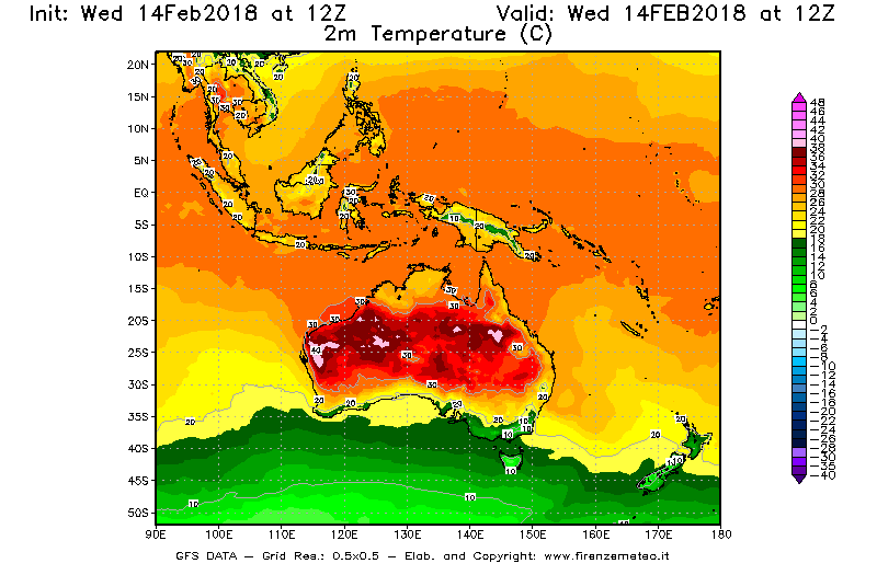 Mappa di analisi GFS - Temperatura a 2 metri dal suolo [°C] in Oceania
									del 14/02/2018 12 <!--googleoff: index-->UTC<!--googleon: index-->
