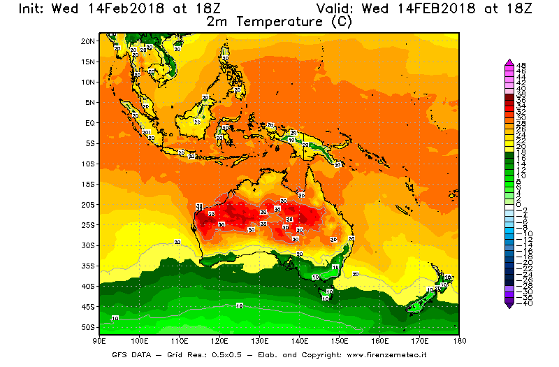 Mappa di analisi GFS - Temperatura a 2 metri dal suolo [°C] in Oceania
									del 14/02/2018 18 <!--googleoff: index-->UTC<!--googleon: index-->