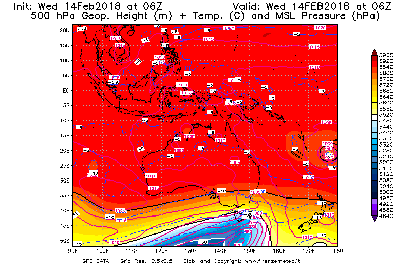 Mappa di analisi GFS - Geopotenziale [m] + Temp. [°C] a 500 hPa + Press. a livello del mare [hPa] in Oceania
									del 14/02/2018 06 <!--googleoff: index-->UTC<!--googleon: index-->