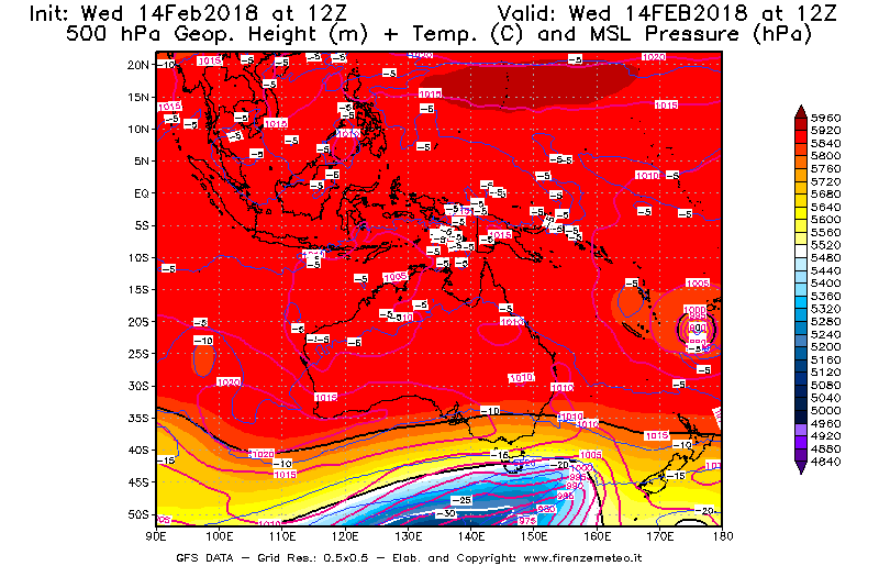 Mappa di analisi GFS - Geopotenziale [m] + Temp. [°C] a 500 hPa + Press. a livello del mare [hPa] in Oceania
									del 14/02/2018 12 <!--googleoff: index-->UTC<!--googleon: index-->