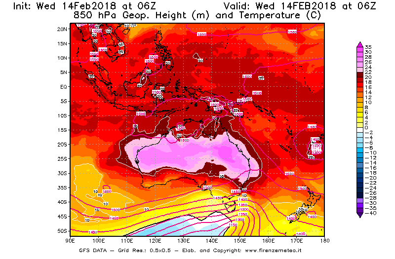 Mappa di analisi GFS - Geopotenziale [m] e Temperatura [°C] a 850 hPa in Oceania
									del 14/02/2018 06 <!--googleoff: index-->UTC<!--googleon: index-->