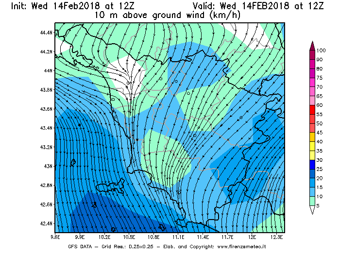 Mappa di analisi GFS - Velocità del vento a 10 metri dal suolo [km/h] in Toscana
									del 14/02/2018 12 <!--googleoff: index-->UTC<!--googleon: index-->