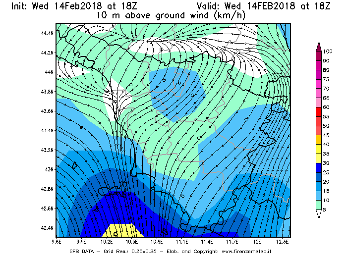 Mappa di analisi GFS - Velocità del vento a 10 metri dal suolo [km/h] in Toscana
									del 14/02/2018 18 <!--googleoff: index-->UTC<!--googleon: index-->