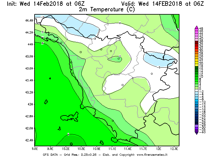 Mappa di analisi GFS - Temperatura a 2 metri dal suolo [°C] in Toscana
									del 14/02/2018 06 <!--googleoff: index-->UTC<!--googleon: index-->