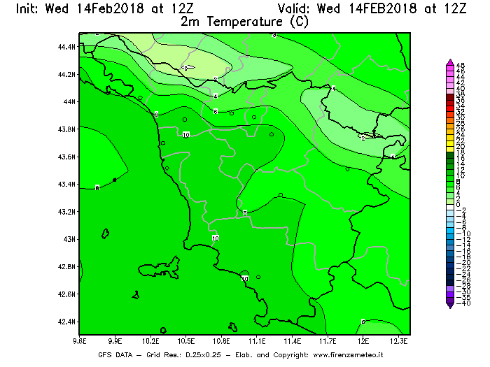 Mappa di analisi GFS - Temperatura a 2 metri dal suolo [°C] in Toscana
									del 14/02/2018 12 <!--googleoff: index-->UTC<!--googleon: index-->
