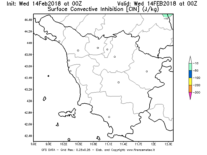 Mappa di analisi GFS - CIN [J/kg] in Toscana
									del 14/02/2018 00 <!--googleoff: index-->UTC<!--googleon: index-->