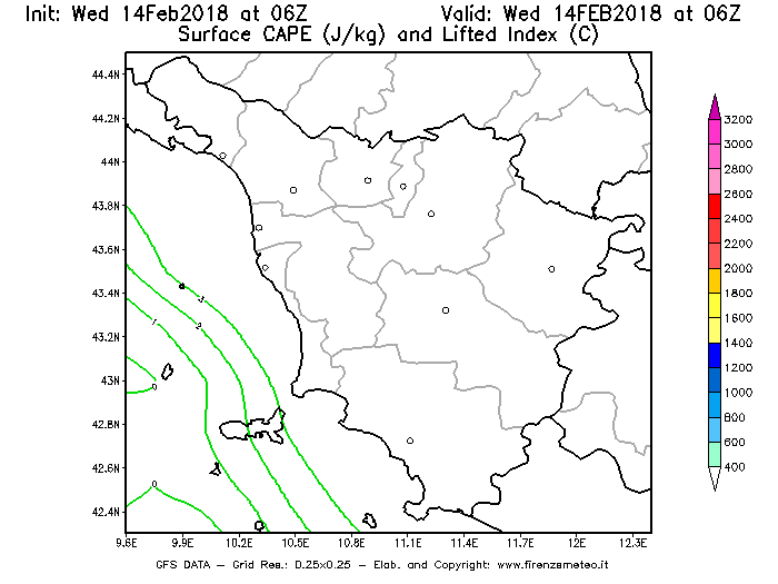 Mappa di analisi GFS - CAPE [J/kg] e Lifted Index [°C] in Toscana
									del 14/02/2018 06 <!--googleoff: index-->UTC<!--googleon: index-->