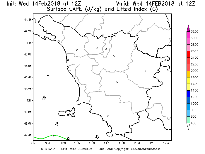 Mappa di analisi GFS - CAPE [J/kg] e Lifted Index [°C] in Toscana
									del 14/02/2018 12 <!--googleoff: index-->UTC<!--googleon: index-->