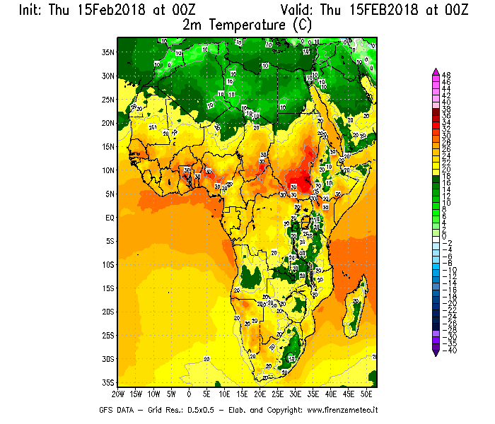 Mappa di analisi GFS - Temperatura a 2 metri dal suolo [°C] in Africa
									del 15/02/2018 00 <!--googleoff: index-->UTC<!--googleon: index-->