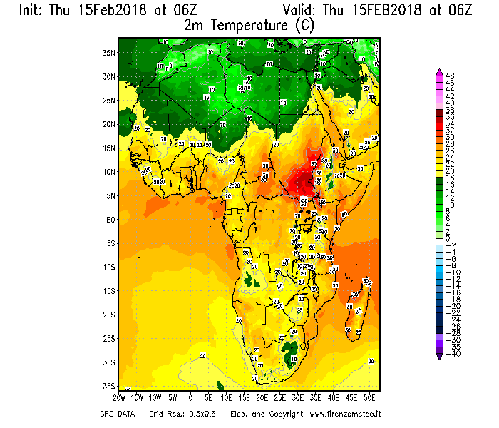 Mappa di analisi GFS - Temperatura a 2 metri dal suolo [°C] in Africa
							del 15/02/2018 06 <!--googleoff: index-->UTC<!--googleon: index-->