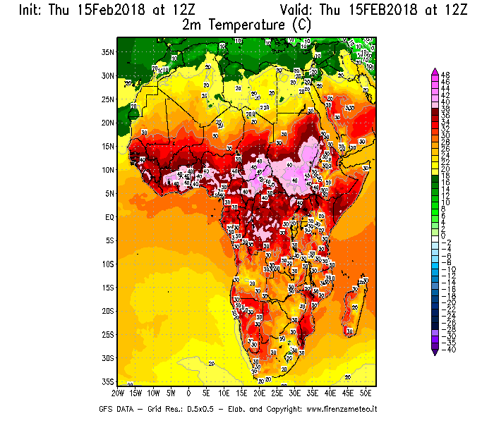 Mappa di analisi GFS - Temperatura a 2 metri dal suolo [°C] in Africa
							del 15/02/2018 12 <!--googleoff: index-->UTC<!--googleon: index-->